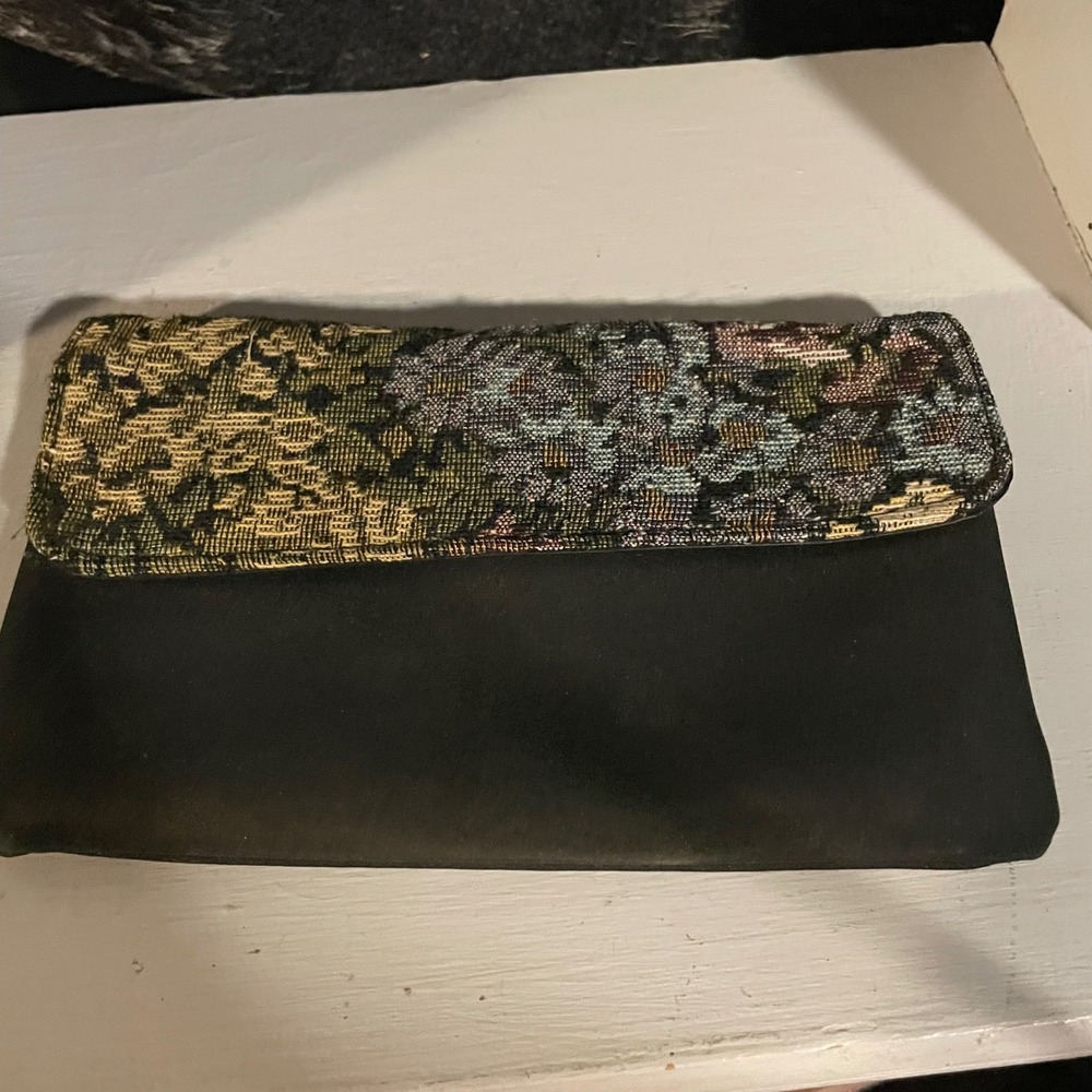 Woven Tapestry Clutch Evening Bag Black Foldover Purse vintage